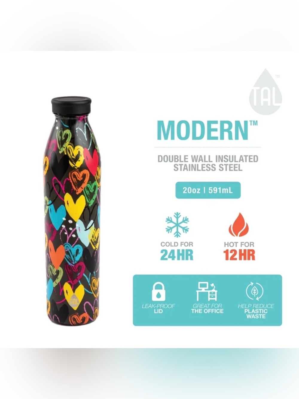 TAL Double Wall Insulated Stainless Steel Modern Water Bottles in a 20-ounce